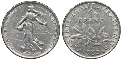 Франция 1 франк 1960 сеятель KM 925.1, Le Franc 226.5 никель 4128-425