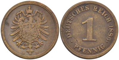 ГЕРМАНИЯ 1 ПФЕННИГ 1886 E, СТАРОГЕРБОВКА KM 1, J. 1, Weege 1 медь 206-1245