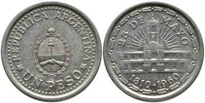 Аргентина 1 песо 1960 150 лет свержения Испанского вице-короля (1810-1960) KM 58 сталь плакированная никелем 4525-926