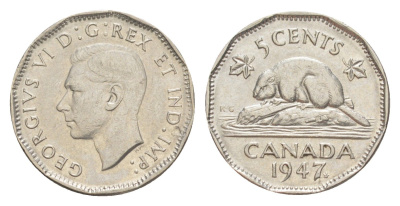Канада 5 центов 1947 Leaf, бобр, Георг VI (1937-1952) KM 39a никель 4639-427