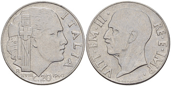 ИТАЛИЯ 20 ЧЕНТЕЗИМО 1940 ВИКТОР ИМАНУИЛ III, МАГНИТНАЯ, ГУРТ РИФЛЕНЫЙ KM 75b нержавеющая сталь 31-1154