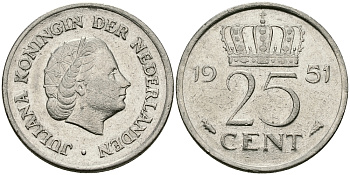 Нидерланды 25 центов 1951 Юлиана (1949-1980) KM 183 никель 96-124