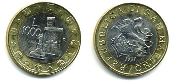 САН-МАРИНО 1000 ЛИР 1997 МИЛЛЕНИУМ биметалл 57-526