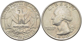 США 25 центов = квотер 1990 P, Вашингтон KM А164а медь плакированная медно-никелем 117-257