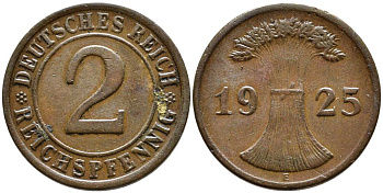 ГЕРМАНИЯ 2 РЕЙХСПФЕННИГА 1925 E, ВЕЙМАРСКАЯ РЕСПУБЛИКА (1919-1933) KM 38, Jager 314, Weege 4 бронза 4546-835