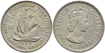 Британские Восточно-Карибские территории 25 центов 1959 Елизавета II (1952-2022), парусник KM 6 медно-никель 76-1036