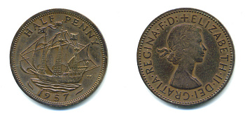 Великобритания 1/2 пенни 1957 Елизавета II (1952-2022) KM 896, Spink 4158 бронза 59-816