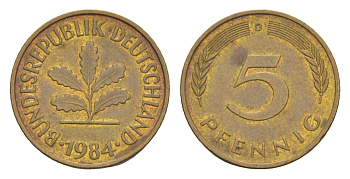 ФРГ 5 пфеннигов 1984 D KM 107, J. 382 сталь плакированная латунью 4630-1246