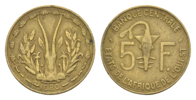 Западная Африка (BCEAO) 5 франков 1980 KM 2a медь алюминий никель 4640-963