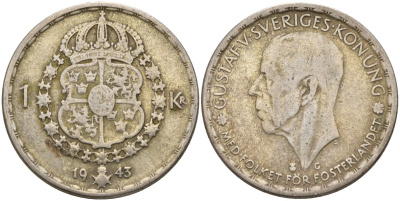 Швеция 1 крона 1943 G, Густав V (1907-1950) KM 814 серебро 4148-1012