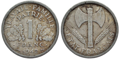 ФРАНЦИЯ 1 ФРАНК 1942 ПРАВИТЕЛЬСТВО ВИШИ, ТИП FRANCISQUE LOURDE KM 902.1, LE FRANC 222.2 алюминий 27-744