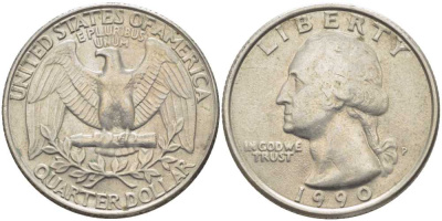 США 25 центов = квотер 1990 P, Вашингтон KM А164а медь плакированная медно-никелем 117-257