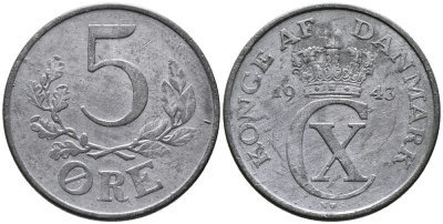 ДАНИЯ 5 ЭРЕ 1943 N; S, КРИСТИАН X (1912-1947) KM 834а цинк 24-1123