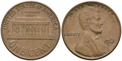 США 1 цент 1961 Авраам Линкольн KM 201 медь цинк 4564-344