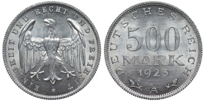 Германия 500 марок 1923 А KM 36, J.305 алюминий UNC 4587-514