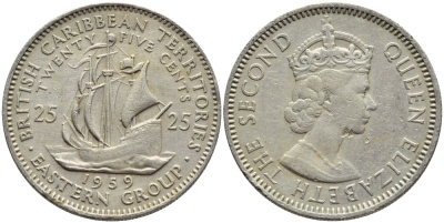 Британские Восточно-Карибские территории 25 центов 1959 Елизавета II (1952-2022), парусник KM 6 медно-никель 76-1036