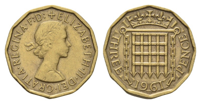 Великобритания 3 пенса 1961 Елизавета II (1952-2022) KM 900, Spink 4153 никель латунь 4121-632