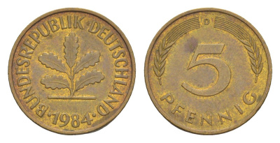 ФРГ 5 пфеннигов 1984 D KM 107, J. 382 сталь плакированная латунью 4630-1246