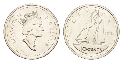 Канада 10 центов 1995 Елизавета II (1952-2022), парусник KM 183 никель UNC 4639-658
