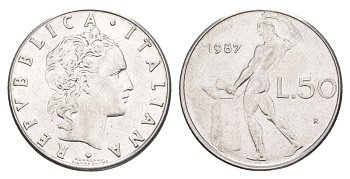 Италия 50 лир 1987 R, бог огня Вулкан у наковальни KM 95.1 нержавеющая сталь 4551-1151