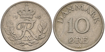 ДАНИЯ 10 ЭРЕ 1949 N; S, ФРЕДЕРИК IX (1947-1972) KM 841.1 медно-никель 4564-1214