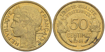 Франция 50 сантимов 1941 тип Морлон KM 894.1, Le Franc 192.18 алюминиевая бронза 44-363