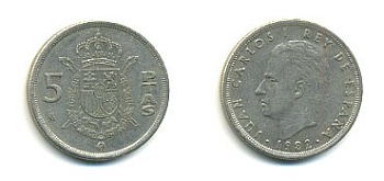 ИСПАНИЯ 5 ПЕСЕТ 1982 KM 817 медно-никель 54-2223