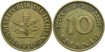 ФРГ 10 пфеннигов 1950 G KM 108 сталь плакированная латунью 4171-422