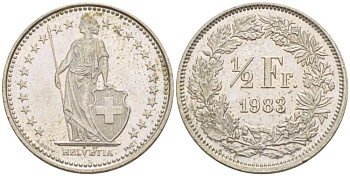 ШВЕЙЦАРИЯ 1/2 ФРАНКА 1983 KM 23а.3 медно-никель 4532-1056