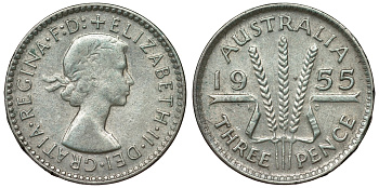Австралия 3 пенса 1955 m, Елизавета II (1952-2022) KM 57 серебро 71-435
