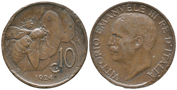 ИТАЛИЯ 10 ЧЕНТЕЗИМО 1924 R, ПЧЕЛА, ВИКТОР ИМАНУИЛ III (1900-1946) KM 60 медь 34-257