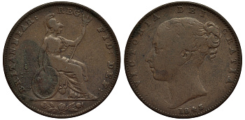 Великобритания 1 фартинг 1843 Виктория (1837-1901) KM 725, Spink 3950 медь 106-832