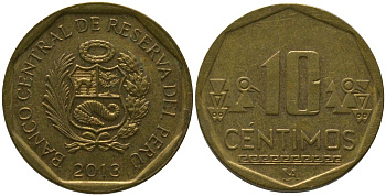 Перу 10 сентимо 2013 LIMA KM 305.4, Schon 104 латунь 4543-935