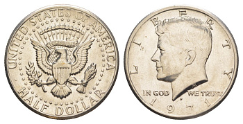 США 1/2 доллара (50 центов) 1971 D, Джон Кеннеди KM 202b медь плакированная медно-никелем aUNC 215-725