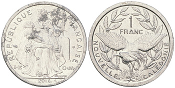 Французская Новая Каледония 1 франк 2014 птица кагу, (IEOM) KM 10, Schoen 10 алюминий 33-416