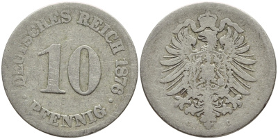 ГЕРМАНИЯ 10 ПФЕННИГОВ 1876 D, СТАРОГЕРБОВКА, KM 4, J. 4 медно-никель 4395-1231