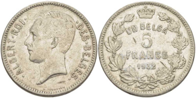 БЕЛЬГИЯ 5 ФРАНКОВ 1932 АЛЬБЕРТ I, DES BELGES KM 97.1 никель 3851-225