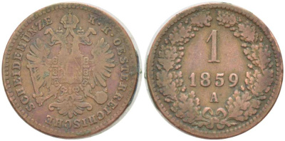 Австрия 1 крейцер 1859 A, Франц Иосиф I (1848-1916) KM 2186 медь 3309-1266