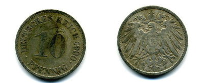 ГЕРМАНИЯ 10 ПФЕННИГОВ 1900 G KM 12, J. 13 медно-никель 56-421