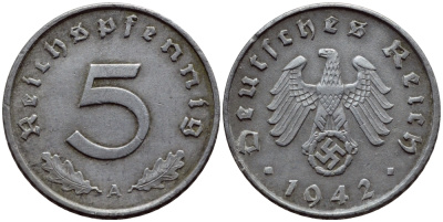 ГЕРМАНИЯ 5 РЕЙХСПФЕННИГОВ 1942 A, КМ 100, J. 370 цинк 4387-1247