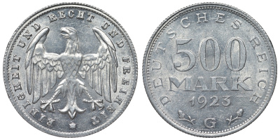 Германия 500 марок 1923 G KM 36, J. 305 алюминий 4123-215