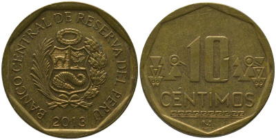 Перу 10 сентимо 2013 LIMA KM 305.4, Schon 104 латунь 4543-935