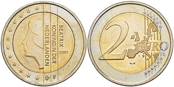 НИДЕРЛАНДЫ 2 ЕВРО 2001 КОРОЛЕВА БЕАТРИКС KM 241 биметалл 86-756