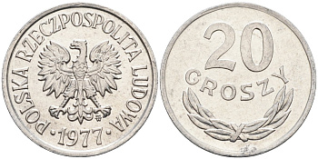 Польша 20 грошей 1977 MW, Народная Республика KM А47, Parchimowicz 208r алюминий aUNC 4580-661