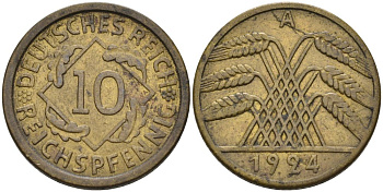 Германия 10 рейхспфеннигов 1924 A KM 40, J.317, Weege 9 алюминиевая бронза 4575-435