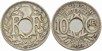 ФРАНЦИЯ 10 САНТИМОВ 1922 tb, ТИП ЛИНДАЙЁ, МОНЕТНЫЙ ДВОР ПУАССИ, МОЛНИЯ KM 866а, LE FRANC 138.7 медно-никель 108-135