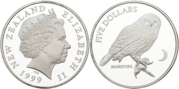 Новая Зеландия 5 долларов 1999 сова на ветке, morepork KM 115 a серебро  PROOF 00-000-00