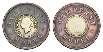 Великобритания 1 пенни ND (1844) модель монеты Виктории в 1 пенни, Джозеф Мур X 9 биметалл 1522-635