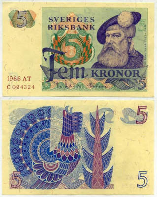 Швеция 5 крон 1966 AT, Густав I Ваза Pick 51a бумага aUNC 2192-13-2