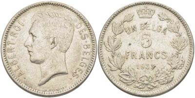 БЕЛЬГИЯ 5 ФРАНКОВ 1933 АЛЬБЕРТ I, DES BELGES KM 97.1 никель 3851-242
